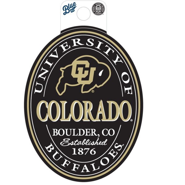Oval sticker with University of Colorado Boulder text and Colorado Buffaloes logo in black and gold
